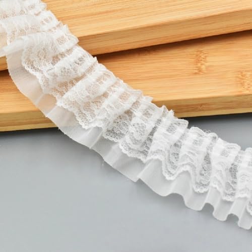 Yalulu 20 Yards Plissierter Chiffon-Spitzenbesatz 5cm Breit Doppellagig Geraffter Rüschenbesatz Tüllbesatz Stoffband Chiffon-Spitzenband mit Spitzenbesatz (Weiß) von Yalulu