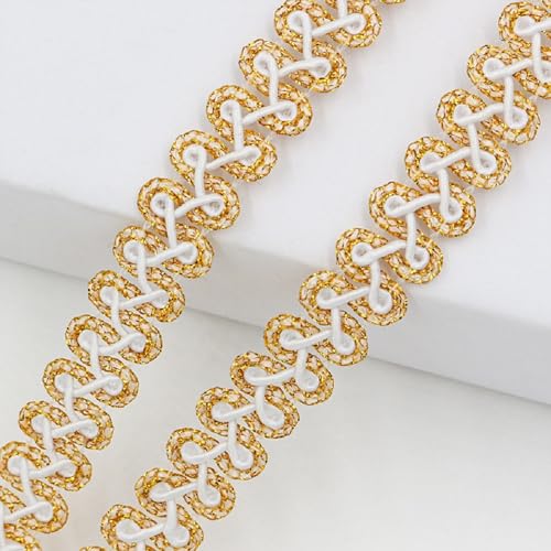 Yalulu 25 Meter Metallic Braid Trim, Pailletten Spitzenband Verziert Gimp Trim, Gewebtes Spitzenband, Filigrane Gimpenborte, Für Vorhangpolster, Heimdekoration (Weiß-Gold) von Yalulu