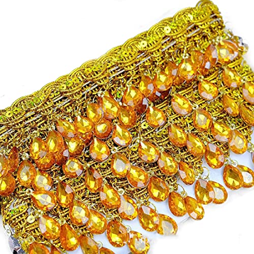 Yalulu 4,5 Meter hängende Perlen Fransen Spitze Strass geflochtene Bänder Nähen Fransen Quaste Trim Bekleidung Besätze DIY Handwerk Nähen Zubehör (Gold) von Yalulu