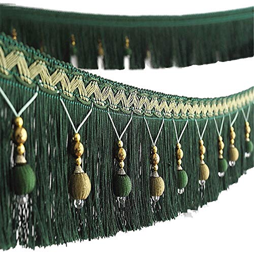 Yalulu 4 Yard x 3,9 Zoll geflochtene Perlen hängende Kugel Quaste Fransenborte Band für Vorhang Tisch Wohnaccessoires DIY Dekoration (dunkelgrün) von Yalulu