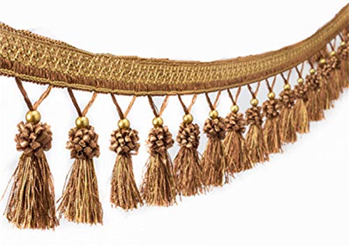 Yalulu 4 Yards Borte mit Quasten, Stoff Quaste Fransen Hängende Ball Stoffband Fransenband Kugelquaste Trimmen Quastenborte Vorhangborte Gardinen Vorhang Dekoborte (Hellkaffee) von Yalulu