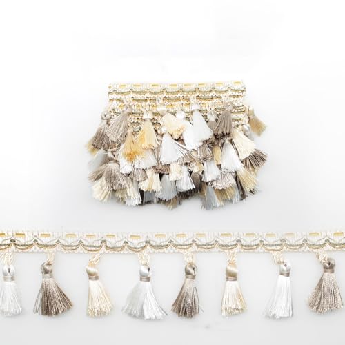 Yalulu 4 Yards Fransen-Quastenbesatz, Besticktes Band Fransenborte Quasten Spitzenband Fransenborte Spitzenbordüre Zierband Für -dekoration Vorhänge Sofas Dekoriert (Beige) von Yalulu