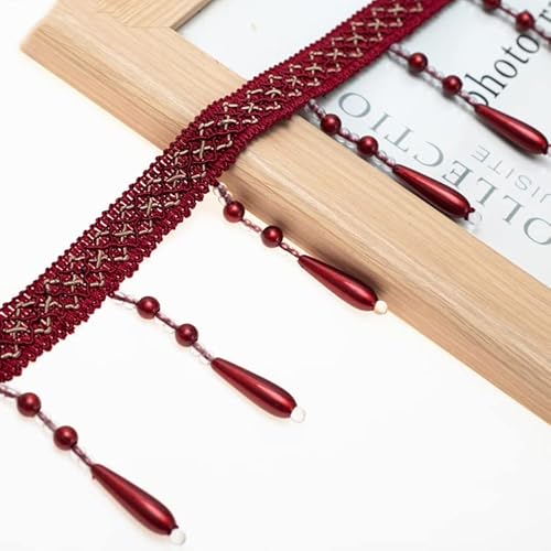 Yalulu 4 Yards Fransenband Fransenborte mit Perlen, Quastenband, Geflochtenes Perlenband für Vorhänge, Sofas, Tischdecken, Nähen (Weinrot) von Yalulu