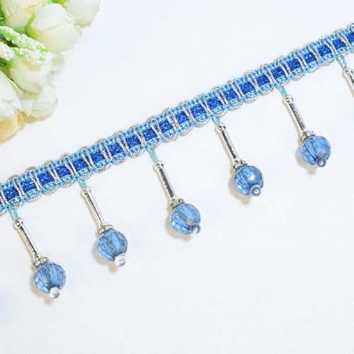 Yalulu 4 Yards Hängende Perlen Ball Stoffband, 6cm Breit Fransenborte, Hängende Kugelquastenbesatz Quaste, Spitzenband, zum Aufhängen (Blau) von Yalulu
