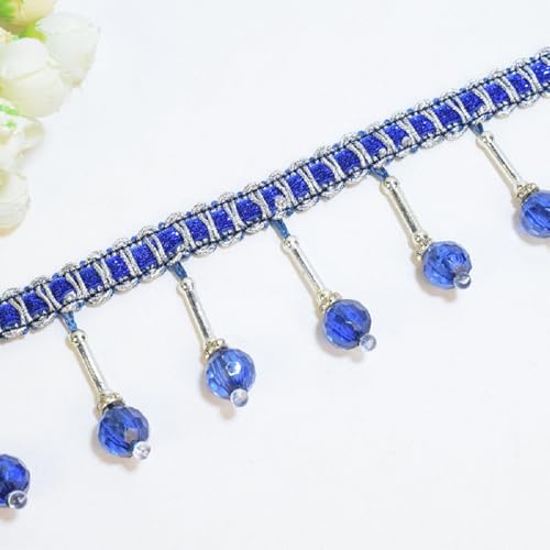 Yalulu 4 Yards Hängende Perlen Ball Stoffband, 6cm Breit Fransenborte, Hängende Kugelquastenbesatz Quaste, Spitzenband, zum Aufhängen (D-Blau) von Yalulu