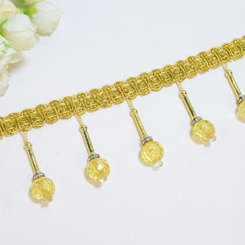 Yalulu 4 Yards Hängende Perlen Ball Stoffband, 6cm Breit Fransenborte, Hängende Kugelquastenbesatz Quaste, Spitzenband, zum Aufhängen (Gold) von Yalulu