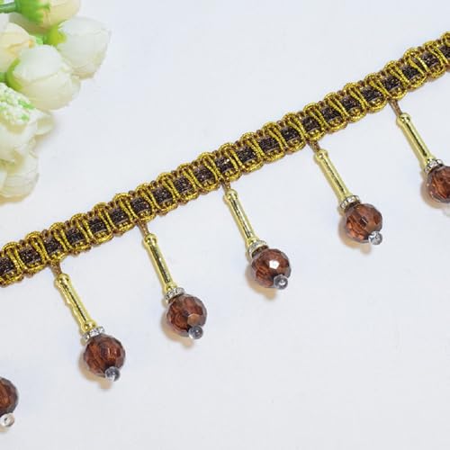 Yalulu 4 Yards Hängende Perlen Ball Stoffband, 6cm Breit Fransenborte, Hängende Kugelquastenbesatz Quaste, Spitzenband, zum Aufhängen (Kaffee) von Yalulu