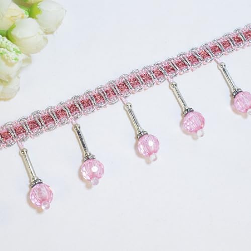 Yalulu 4 Yards Hängende Perlen Ball Stoffband, 6cm Breit Fransenborte, Hängende Kugelquastenbesatz Quaste, Spitzenband, zum Aufhängen (Rosa) von Yalulu