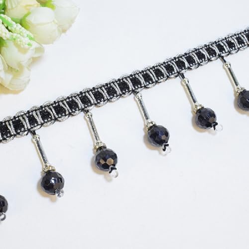 Yalulu 4 Yards Hängende Perlen Ball Stoffband, 6cm Breit Fransenborte, Hängende Kugelquastenbesatz Quaste, Spitzenband, zum Aufhängen (Schwarz) von Yalulu