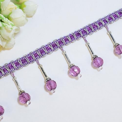 Yalulu 4 Yards Hängende Perlen Ball Stoffband, 6cm Breit Fransenborte, Hängende Kugelquastenbesatz Quaste, Spitzenband, zum Aufhängen (Violett) von Yalulu