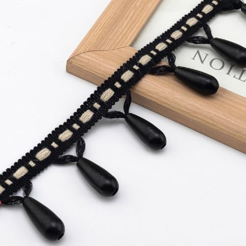 Yalulu 4 Yards Perlen Fransenborte, 7cm Breit Fransen Spitzenband Mit Quaste Geflochtene Kantenbesatz Fliegenvorhänge für Türen Decke brims Vorhangborte (Schwarz) von Yalulu