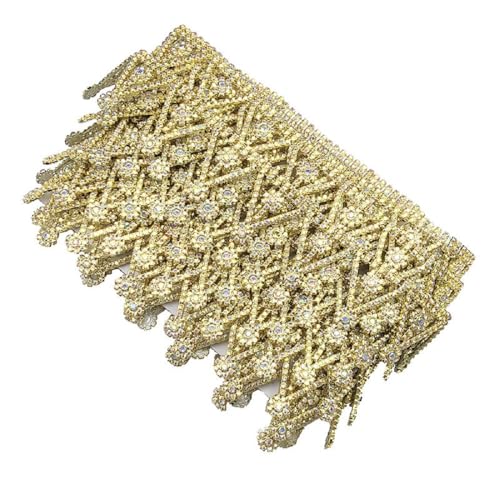 Yalulu 4.5 Yards Kristall Strass Ketten Spitzenband Spitzenbesatz, Kristall-Perlen, Fransenbesatz, Nähen, Perlenfransen für DIY-Kleidung, Hochzeitsdekoration (Gold) von Yalulu