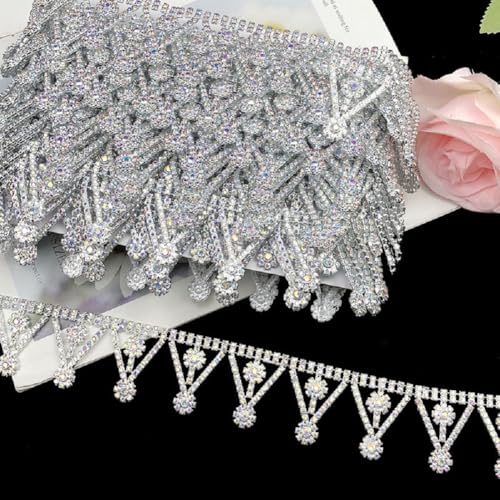 Yalulu 4.5 Yards Kristall Strass Ketten Spitzenband Spitzenbesatz, Kristall-Perlen, Fransenbesatz, Nähen, Perlenfransen für DIY-Kleidung, Hochzeitsdekoration (Silber) von Yalulu