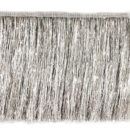 Yalulu 5 Meter 20 cm Breit Metallische Fransenbesatz Quaste Seide Fransen Geschnitten Fransenborte Metallic Folie Fransen Quaste Trimmen Garment Apparel Spitzenborte (Silber) von Yalulu