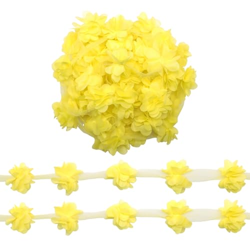 Yalulu 5 Yards 3D Chiffon- Blumen Spitzenborte, Cluster Blumen Spitzenbesatz Chiffonband Dekoband Zierband für Nähen Handwerk Hochzeit (Gelb) von Yalulu