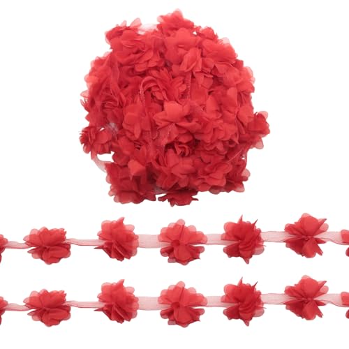 Yalulu 5 Yards 3D Chiffon- Blumen Spitzenborte, Cluster Blumen Spitzenbesatz Chiffonband Dekoband Zierband für Nähen Handwerk Hochzeit (Rot) von Yalulu