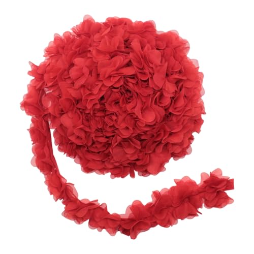 Yalulu 5 Yards 3D Chiffon- Blumen Spitzenborte, Cluster Blumen Vintage-Spitzenbänder für Braut, Hochzeit, Basteln, Nähen, Kostüm, Applikation, Dekoration (Rot) von Yalulu