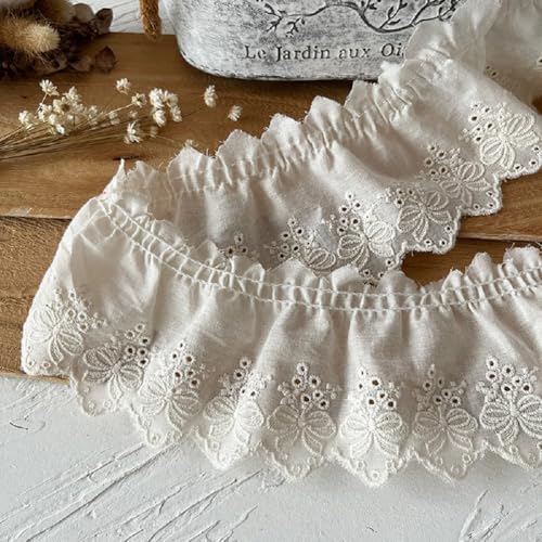 Yalulu 5 Yards Baumwolle Spitzenborte Blumenstickerei Plissee Spitzenband Rüschen Spitzen Rüschenborte Rüschenbesatz Zierband Spitze zum Nähen (Beige) von Yalulu