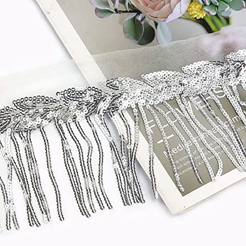 Yalulu 5 Yards Länge 10cm Breite Pailletten Fransen Quaste Fransenborte Fransenband Schnittfranse Dekoband Zierband Dekoborte Kostüm Lateinisches Garment Nähzubehör (Silber) von Yalulu