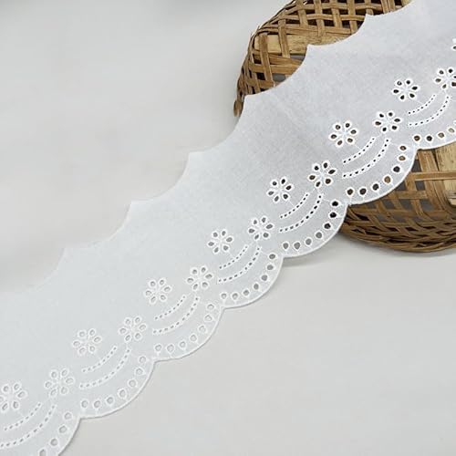 Yalulu 5 Yards Natur Baumwoll-Spitzenband, 10cm Breiter Baumwoll Öse Spitzenbesatz Blumenstickerei Rüschen Spitzenbesatz Schleife Wellenkante (weiß) von Yalulu