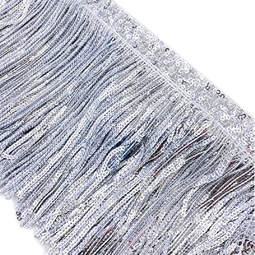 Yalulu 5 Yards Pailletten Fransenborte, Spitze Quaste Fransenborte, Pailletten Dekoband Dekoborte Metallic Paillettenborte Fransenborte Verschönerung Kostümdekoration (Silber) von Yalulu