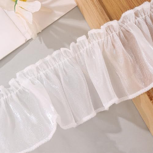 Yalulu 5 Yards Satin-Organza-Spitzenborte, Geraffte Rüschenspitze Plissierte Organza-Fransenbänder Kantenbesätze Für Näharbeiten Brauthochzeitskleid Dekoration (Weiß) von Yalulu
