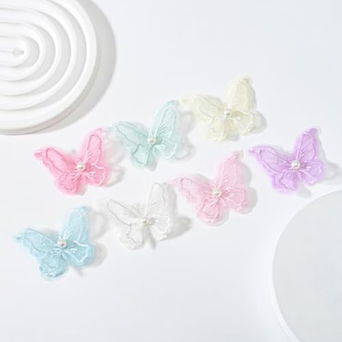 Yalulu 50 Stücke Stickerei Nähen Aufbügeln Schmetterling Patch, Perle Schmetterling Spitze Applikation Stickpatches Organza Lace Appliques von Yalulu