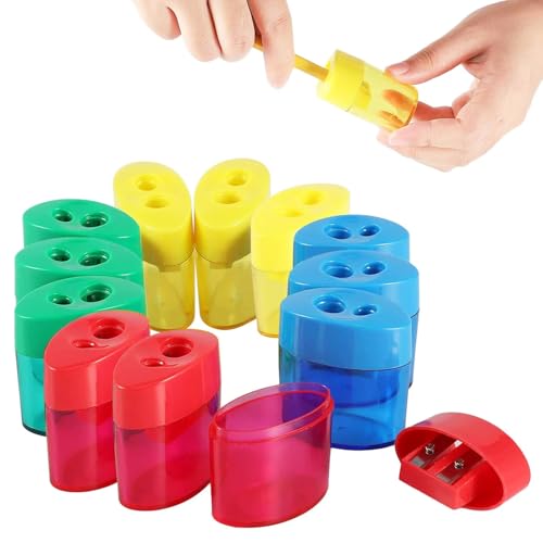 Anspitzer mit Behälter 12 Stück 4 Farben – Doppelspitzer mit Deckel und Doppellöchern, Handlicher Bleistiftspitzer für Dicke und Dünne Stifte, Dosenspitzer Kinder für Schule und Büro (12pcs) von Yamaler