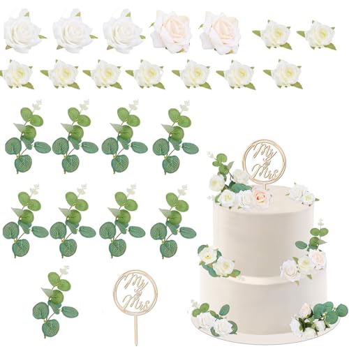 Yamitora 24 Stück Cake Topper Hochzeit Holz Tortendeko Hochzeit Mr Mrs Torten Topper Deko,Mr Mrs Topper Rosen Geldpflanzen dekoration,Hochzeitstorte Topper Kuchen Deko Hochzeit Party von Yamitora