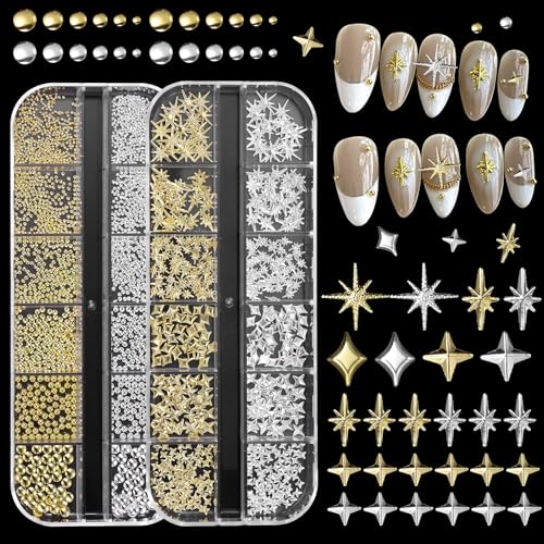 Yamobi 2 Boxes Gold Silber Stern Nagel Charms, 3D Legierung Stern Mond Nagel Strasssteine, Fünfzackiger Stern Glitzer Nagel Art Design, Nagel Edelsteine Yamobi 2 Boxes Gold Silber Stern Nagel Charms, 3D Legierung Stern Mond Nagel Strasssteine, Fünfzackiger Stern Glitzer Nagel Art Design, Nagel Edelsteine von Yamobi