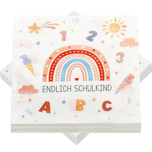 Yamobi 20 Stück Servietten Einschulung,Schulkind Servietten,Regenbogen Einschulung Servietten, Servietten Endlich Schulkind Kinder Schuleinführung Tischdeko (33 x 33 cm) von Yamobi