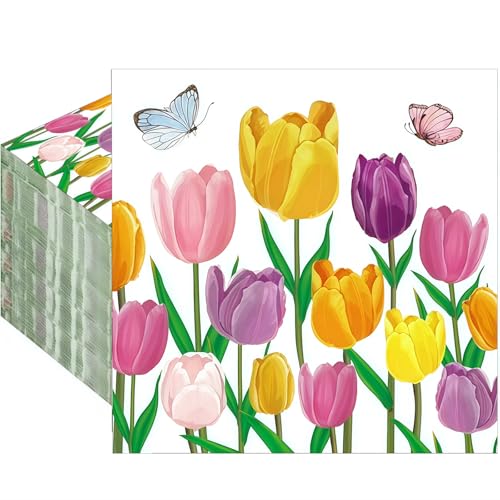 Yamobi 20 StückServietten Frühling Vintage Tulpen als Tischdeko,Blumenmuster, Aquarell-Tulpen, ideal für Hochzeit, Decoupage und Serviettentechnik 33x33cm von Yamobi