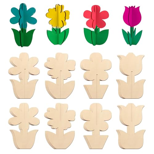 Yamobi 24 Stück Bastelset Kinder Mit Einzigartigen 3D Blumenform Holz Handwerk,Leichte und Stabile Kreative Dekoration,Ideal Als Geschenk von Yamobi