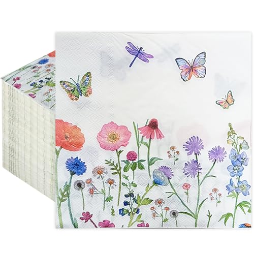 Yamobi 40 Stück Servietten Hochzeit,Servietten Frühling,Servietten Eukalyptus,Schmetterlinge Blumen Servietten für Baby Shower Geburtstag Hochzeit Party（33x33 厘米） von Yamobi