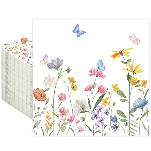 Yamobi 40 Stück Servietten Hochzeit,Servietten Frühling,Servietten Eukalyptus,Schmetterlinge Blumen Servietten für Baby Shower Geburtstag Hochzeit Party（33x33 厘米） von Yamobi