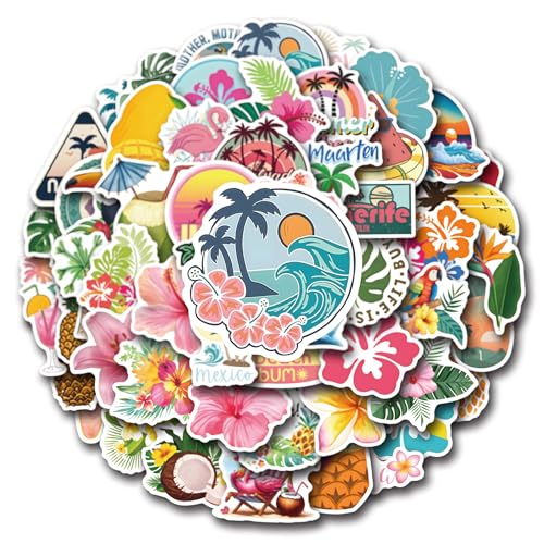 Yamobi 55 Stück Sommer Aufkleber für Kinder,Tropische Sticker, Strand Insel Leben Sticker,Ananas Sonne Bunte Strandaufkleber für Hawaii Partygeschenke von Yamobi