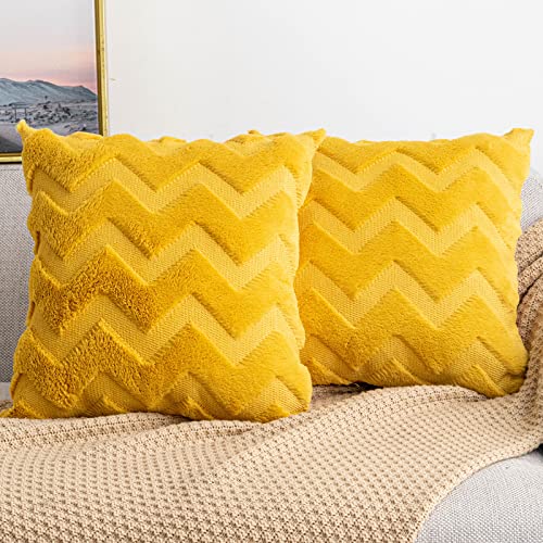Yamonic Wolle Kissenbezüge Weich Dekokissen Welle Polyster Sofakissenbezug, Kissenbezug mit Verstecktem Reißverschluss, 2er Set Zierkissenbezug für Wohnzimmer Schlafzimmer, 40x40cm, Gelb von Yamonic