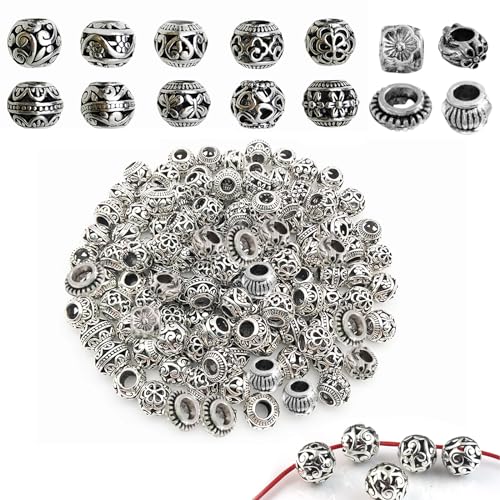 YanBous 70 Stück Antike Silberne Metallperlen, 7-11mm, Tibetische Spacer Perlen, Runde Filigrane Perlen, Perlen mit Großem Loch, DIY Bastelperlen Set für Schmuckherstellung, Armbänder, Halsketten YanBous 70 Stück Antike Silberne Metallperlen, 7-11mm, Tibetische Spacer Perlen, Runde Filigrane Perlen, Perlen mit Großem Loch, DIY Bastelperlen Set für Schmuckherstellung, Armbänder, Halsketten von YanBous