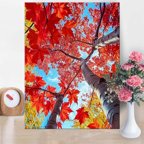 Malen Nach Zahlen Erwachsene Baum, Ahornblatt Malen Nach Zahlen 50x70cm Paint by Numbers DIY Handgemalt Ölgemälde Kit Mit 3 - Pinseln und Acrylfarbe Knitterfreie Leinwand für Wanddeko Geschenk W1-862 von Yanefaei