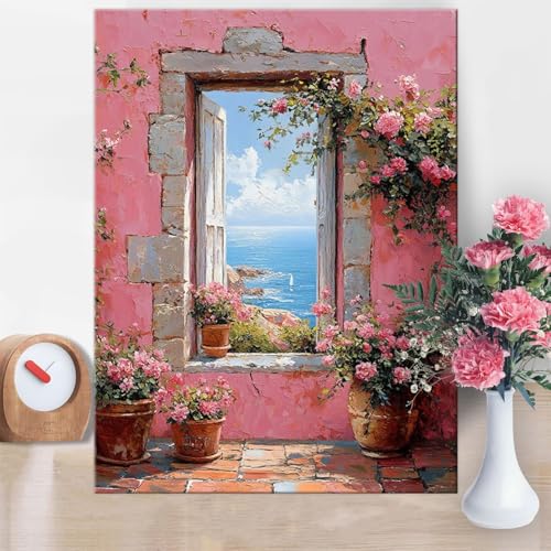 Malen Nach Zahlen Erwachsene Fenster, Malen Nach Zahlen Blume Paint by Numbers DIY Handgemalt Ölgemälde Kit Mit Pinseln und Acrylfarbe Knitterfreie Leinwand für Wanddeko Frau Geschenk 70x100cm W1-929 von Yanefaei