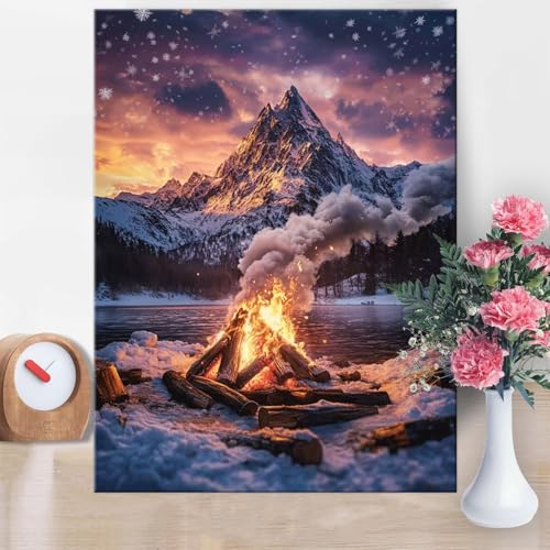 Malen Nach Zahlen Erwachsene Feuer,Malen Nach Zahlen Schneeberg Paint by Numbers DIY Handgemalt Ölgemälde Kit Mit Pinseln und Acrylfarbe Knitterfreie Leinwand für Wanddeko Frau Geschenk 60x80cm W1-871 von Yanefaei