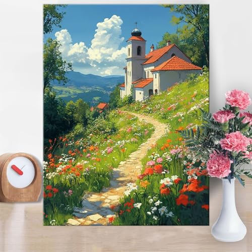 Malen Nach Zahlen Erwachsene Häuser, Blauer Himmel Malen Nach Zahlen 60x80cm Paint by Numbers DIY Handgemalt Ölgemälde Kit Mit Pinseln und Acrylfarbe Knitterfreie Leinwand für Wanddeko Geschenk W1-864 von Yanefaei