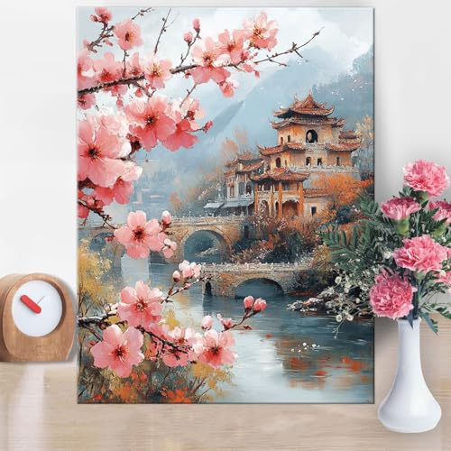 Malen Nach Zahlen Erwachsene Kirschblüten, Brücke Malen Nach Zahlen 60x90cm Paint by Numbers DIY Handgemalt Ölgemälde Kit Mit 3 - Pinseln und Acrylfarbe Knitterfreie Leinwand Kit für Wanddeko W1-776 von Yanefaei