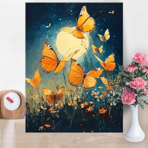Malen Nach Zahlen Erwachsene Mond, Malen Nach Zahlen Schmetterling Paint by Numbers DIY Handgemalt Ölgemälde Kit Mit Pinseln und Acrylfarbe Knitterfreie Leinwand für Wanddeko Geschenk 60x80cm W1-865 von Yanefaei