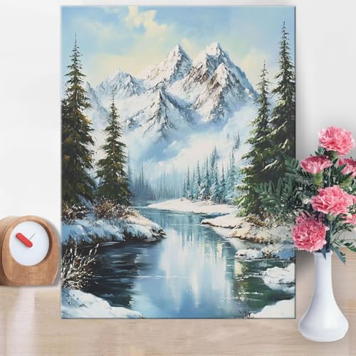 Malen Nach Zahlen Erwachsene Schneeberg, Kiefer Malen Nach Zahlen 60x80cm Paint by Numbers DIY Handgemalt Ölgemälde Kit Mit Pinseln und Acrylfarbe Knitterfreie Leinwand für Wanddeko Geschenk W1-878 von Yanefaei