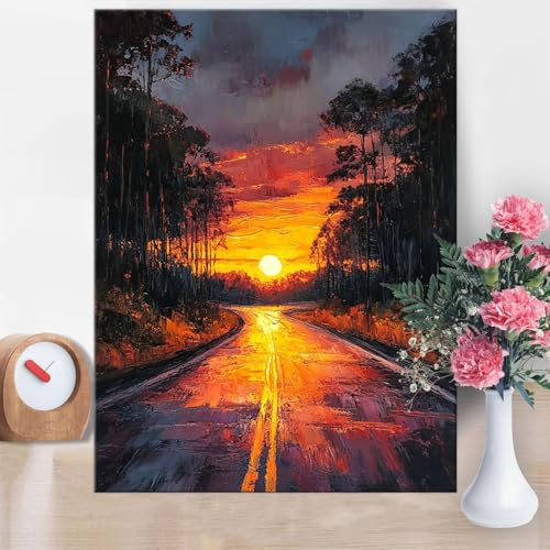 Malen Nach Zahlen Erwachsene Sonnenuntergang, Malen Nach Zahlen Autobahn Paint by Numbers DIY Handgemalt Ölgemälde Kit Mit Pinseln und Acrylfarbe Knitterfreie Leinwand für Wanddeko 70x100cm W1-925 von Yanefaei