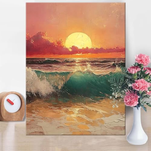 Malen Nach Zahlen Erwachsene Sonnenuntergang, Malen Nach Zahlen Wellen Paint by Numbers DIY Handgemalt Ölgemälde Kit Mit Pinseln und Acrylfarbe Knitterfreie Leinwand Kit für Wanddeko 70x100cm W1-1007 von Yanefaei