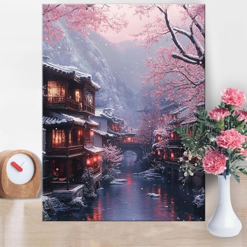 Malen Nach Zahlen Erwachsene Wasserstadt, Malen Nach Zahlen Kirschblüten Paint by Numbers DIY Handgemalt Ölgemälde Kit Mit Pinseln und Acrylfarbe Knitterfreie Leinwand Kit für Wanddeko 50x70cm W1-879 von Yanefaei