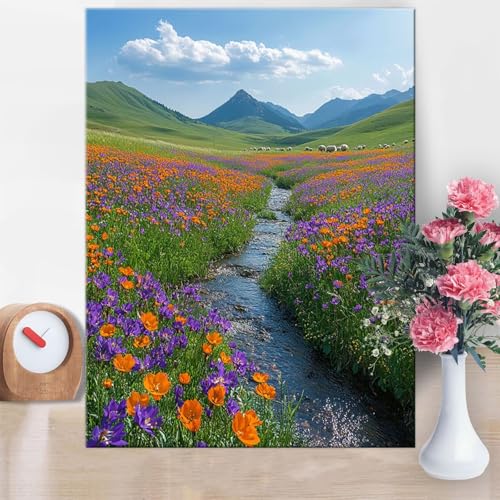 Malen Nach Zahlen Erwachsene Wiese, Malen Nach Zahlen Berg Paint by Numbers DIY Handgemalt Ölgemälde Kit Mit Pinseln und Acrylfarbe Knitterfreie Leinwand Kit für Wanddeko Frau Geschenk 70x100cm W1-869 von Yanefaei