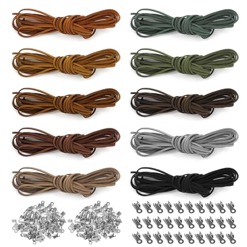 Yangfei 10 Stück Lederschnur 5M x 3mm, Lederband Wildlederschnur Leder Schnur Faden für DIY Armband Halskette Schmuck mit 100x Schmuck Endkappen (10 Farben) von Yangfei